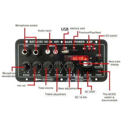 Автоусилитель 24V/220V Моно аудиоусилитель с двойным микрофоном мощностью 120 Вт и Bluetooth для субвуфера и караоке