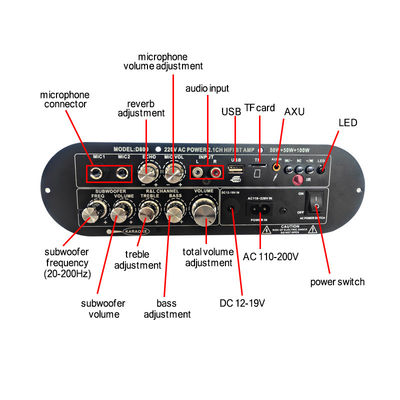 D800 Professional 2.0 Channel Bluetooth Digital Amplifier Board 12V перезаряжаемая высокая мощность для диджея / караоке