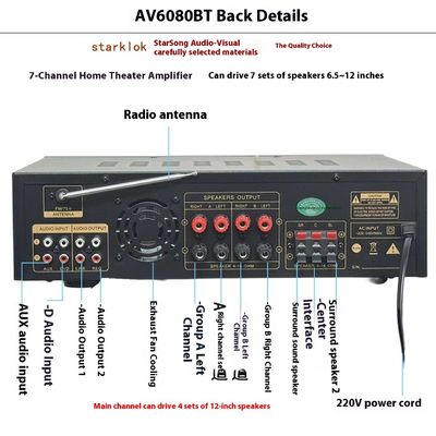 AV-6080BT 1000W 7-канальный фиксированный импедансный усилитель Домашний автомобиль Металлические приемники USB Flash SD-карта BT Беспроводной проигрыватель Global
