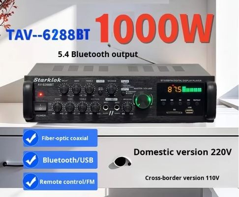 AV-6288BT 1000 Вт 2*500 Вт Высококачественный караоке-усилитель двойного назначения 12 В/220 В переменного/постоянного тока, беспроводной BT, пластиковый материал