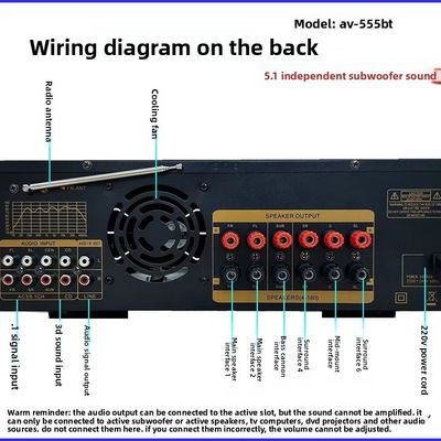 AV-555BT Профессиональный 5,1-канальный усилитель динамического спектра 600 Вт. Высокомощный домашний субвуфер с металлической конструкцией