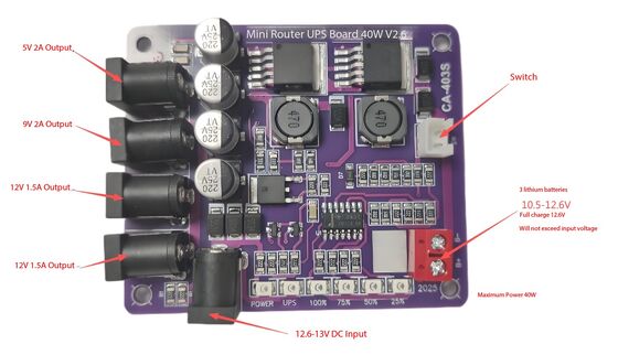 Источник бесперебойного питания для мини-маршрутизатора CA-403S с выходной мощностью 40 Вт, входом аккумулятора 11,1 В и защитой от короткого замыкания